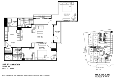 Floor plan for 2 beds, 2 baths, 1290 sqft